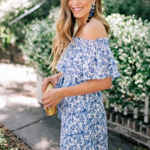 Rebecca Taylor Blue and White Off-Shoulder Aimee Dress - Picture 2 of 8